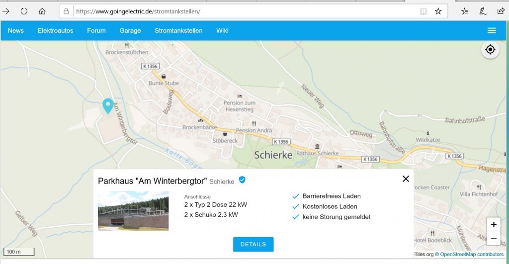 Internetseite Goingelectric.de findet die Ladesäule in Schierke