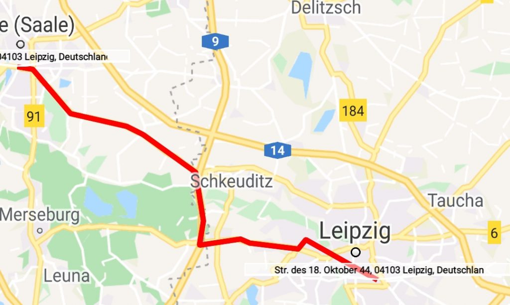 Obwohl der Wagen nur 100 Meter auf einem Leipziger Großparkplatz fuhr, wurde eine Fahrt von Halle nach Leipzig aufgezeichnet