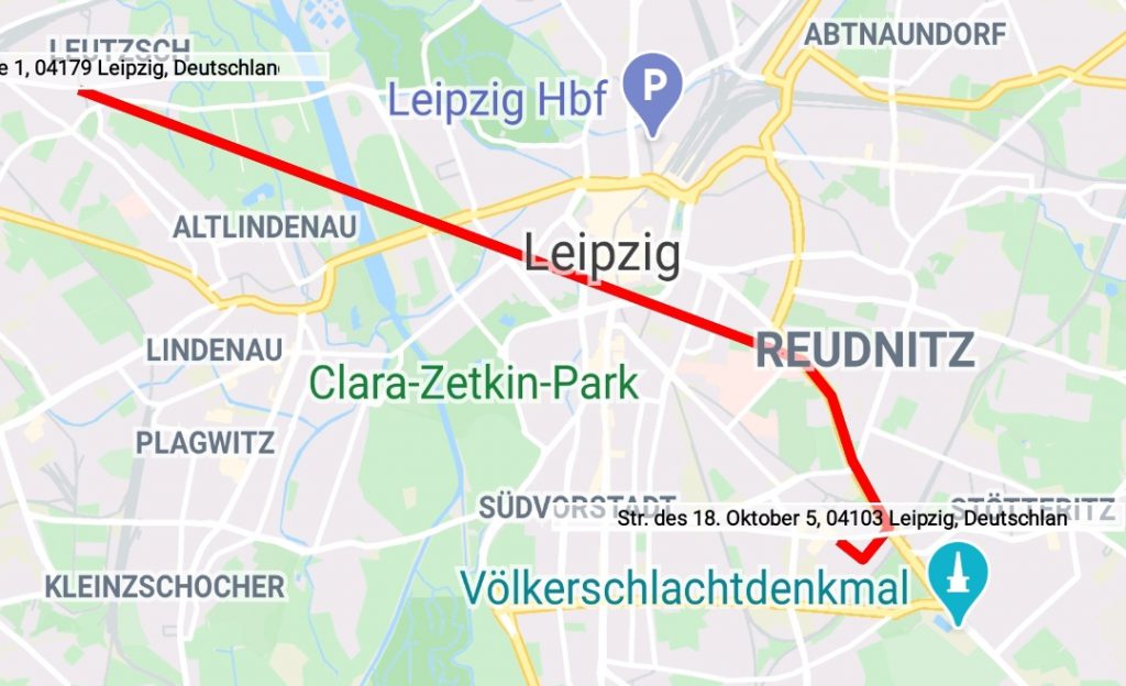 Zu wenig Standortdaten führen offenbar zu einer geraden Linie zwischen Reudnitz und Leutzsch